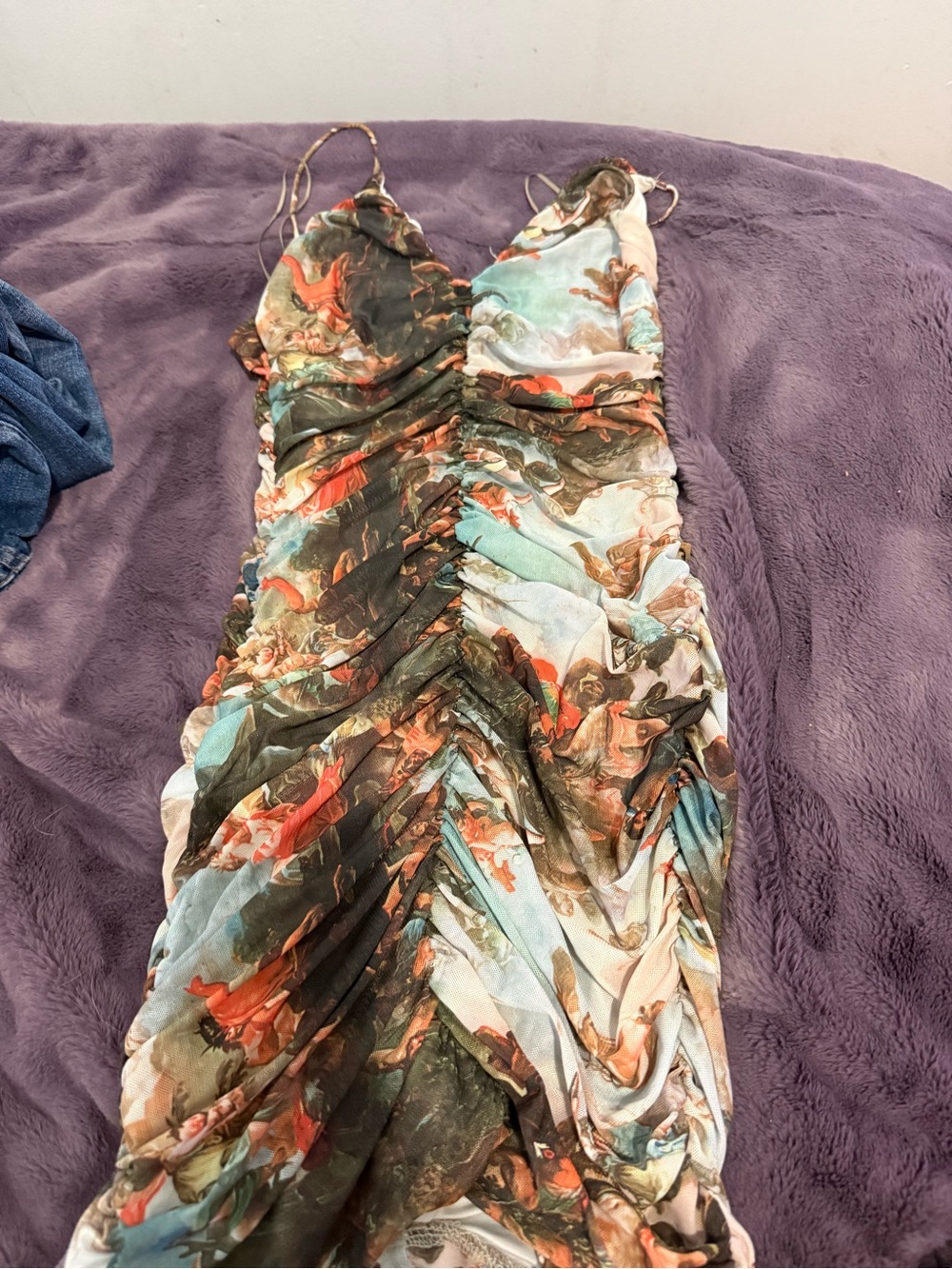 Dolls Kill Green White Rust Floral Ruched Mini Dress - Picture 3 of 4